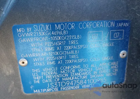 2008 Suzuki Grand Vitara Luxury z USA, uszkodzony, nr VIN JS3TD947584100985